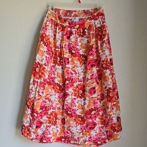 Pink and Red Smocked A-Line Midi Skirt